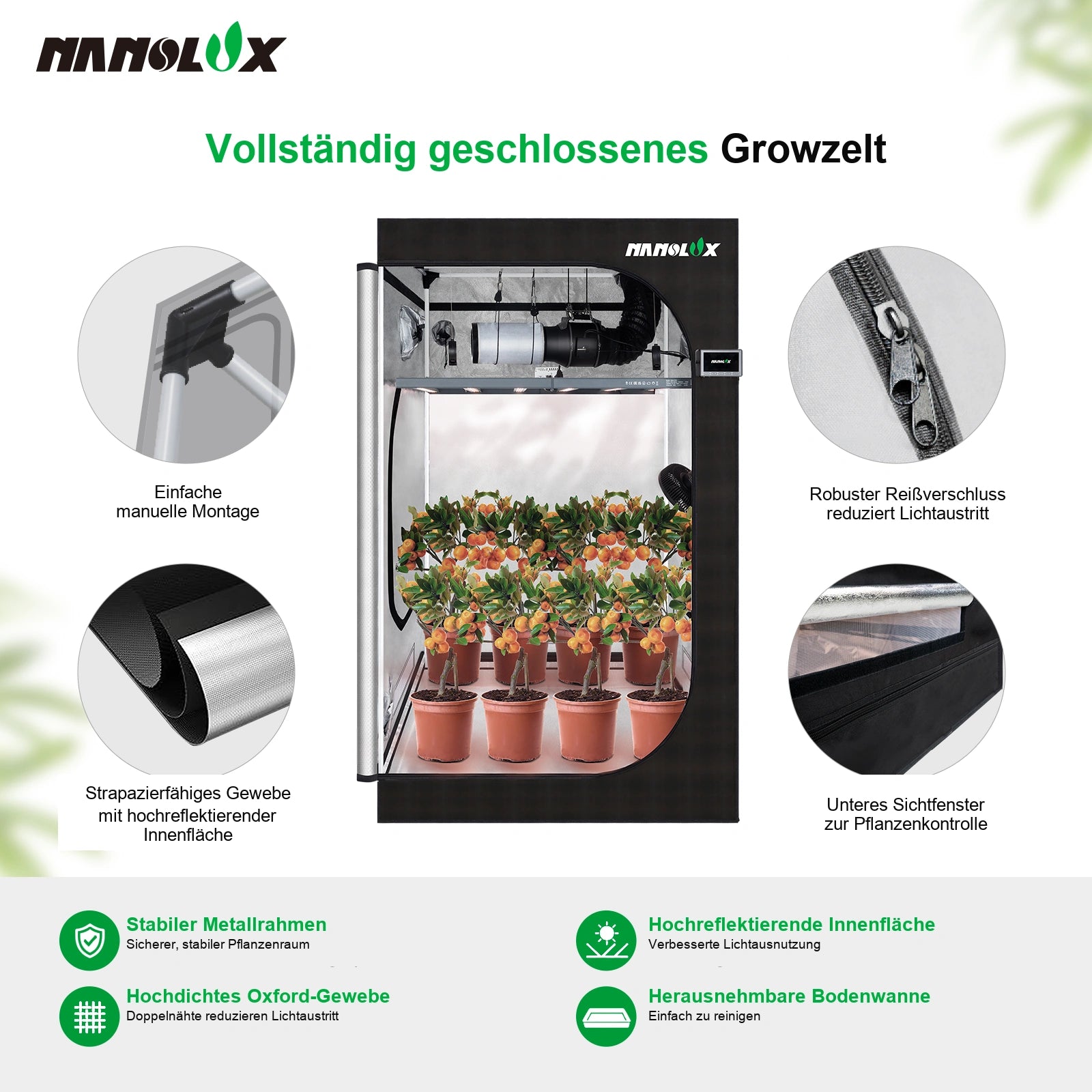 Nanolux Smart Grow Tent Kit Zeltstruktur mit reflektierender Innenflaeche